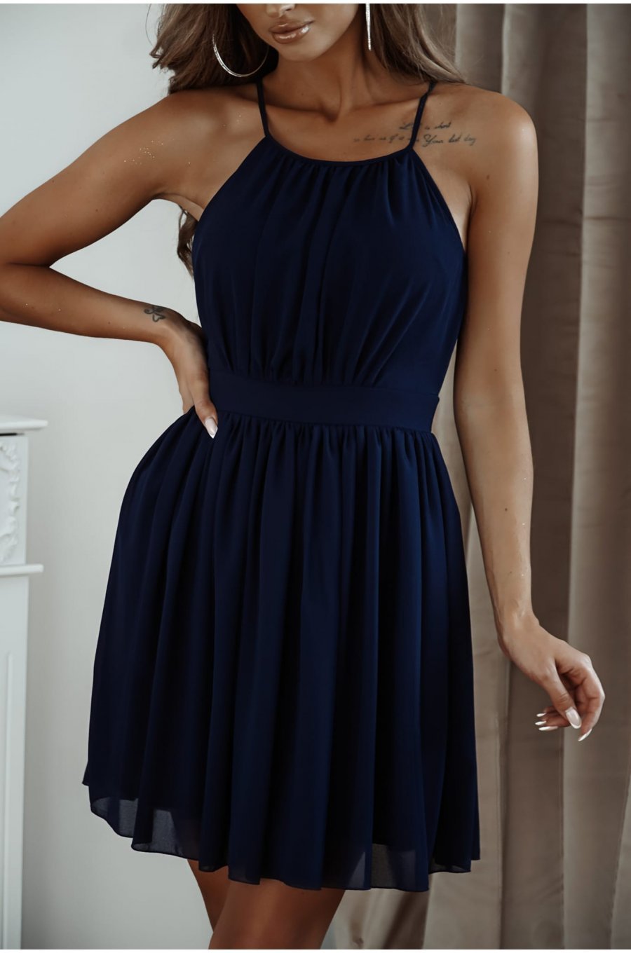 Rochie scurta baby doll din chiffon bleumarin cu umerii goi vaporoasa CristalW2 3 - jojofashion.ro