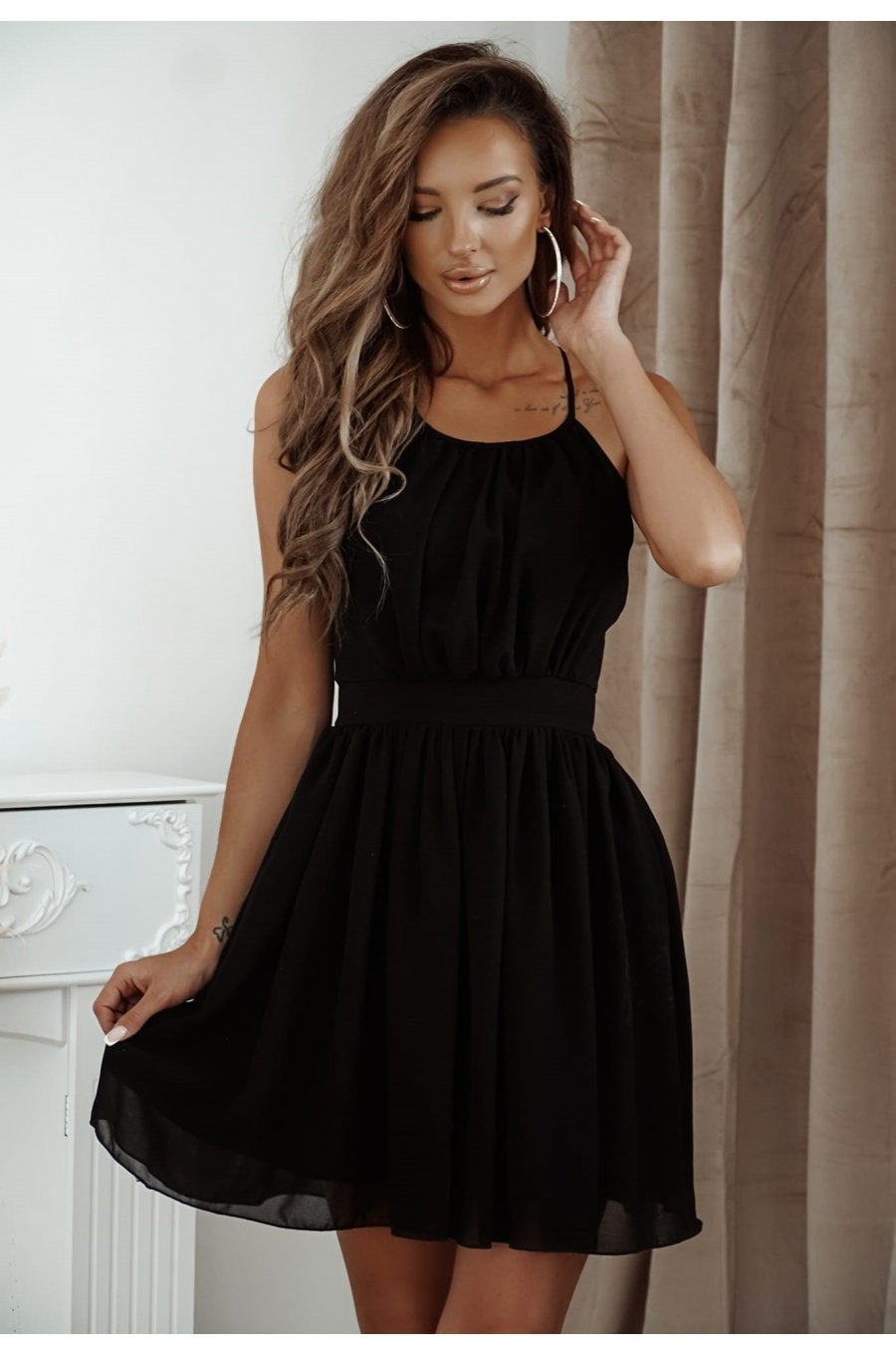 Rochie baby doll scurta, din chiffon, neagra, cu umerii goi, vaporoasa, CristalW2 1 - jojofashion.ro