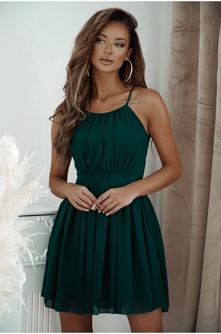 Rochie baby doll scurta, din chiffon, verde smarald, cu umerii goi, vaporoasa, CristalW2 1 - jojofashion.ro