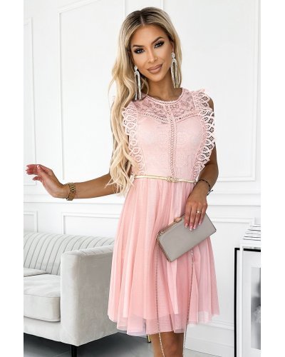 Rochie baby doll scurta roz piersica din dantela si tul Delcia Rochii scurte, Rochie baby doll scurta roz piersica din dantela si tul Delcia - jojofashion.ro