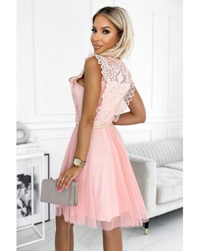 Rochie baby doll scurta roz piersica din dantela si tul Delcia Rochii scurte, Rochie baby doll scurta roz piersica din dantela si tul Delcia - jojofashion.ro