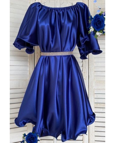 Rochie baby doll scurta din satin albastra Jimena Rochii satin, Rochie baby doll scurta din satin albastra Jimena - jojofashion.ro