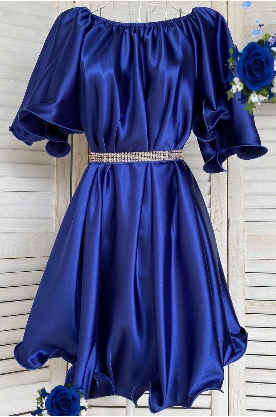 Rochie baby doll scurta din satin albastra Jimena 1 - jojofashion.ro
