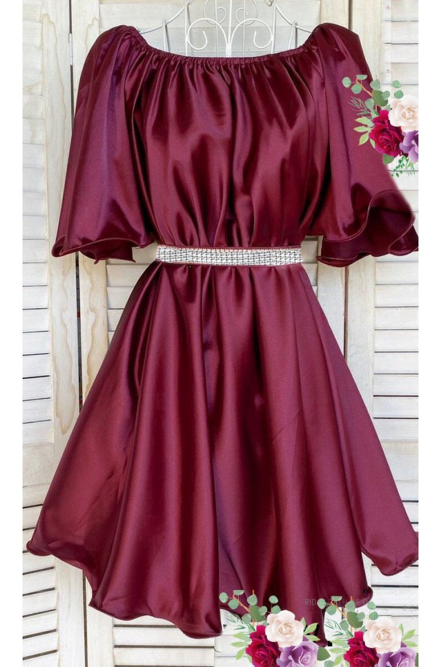 Rochie baby doll scurta, din satin burgundy, cu maneca scurta, Jimena 1 - jojofashion.ro