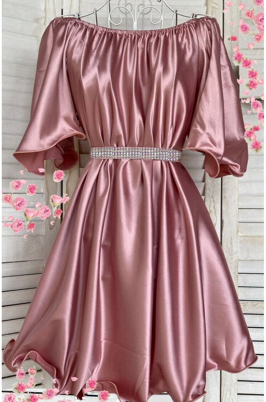 Rochie baby doll scurta din satin roz pal Jimena 1 - jojofashion.ro