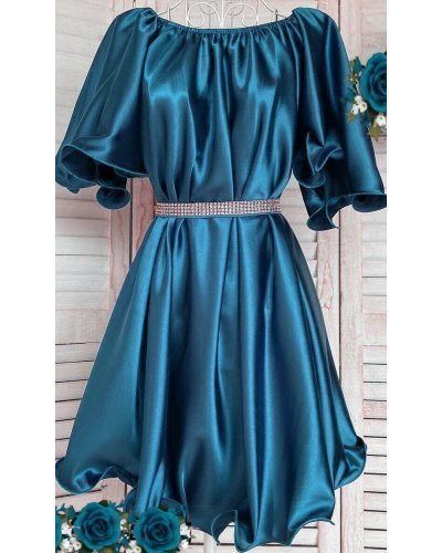 Rochie baby doll scurta, din satin, turcoaz, cu maneca scurta, Jimena Rochii satin, Rochie baby doll scurta, din satin, turcoaz, cu maneca scurta, Jimena - jojofashion.ro