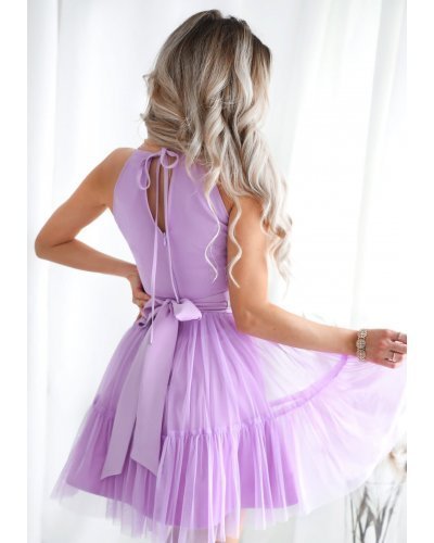 Rochii de Ocazie Elegante, Rochie baby doll, scurta, din tulle, lila, cu volane, vaporoasa, CristalW3 - jojofashion.ro