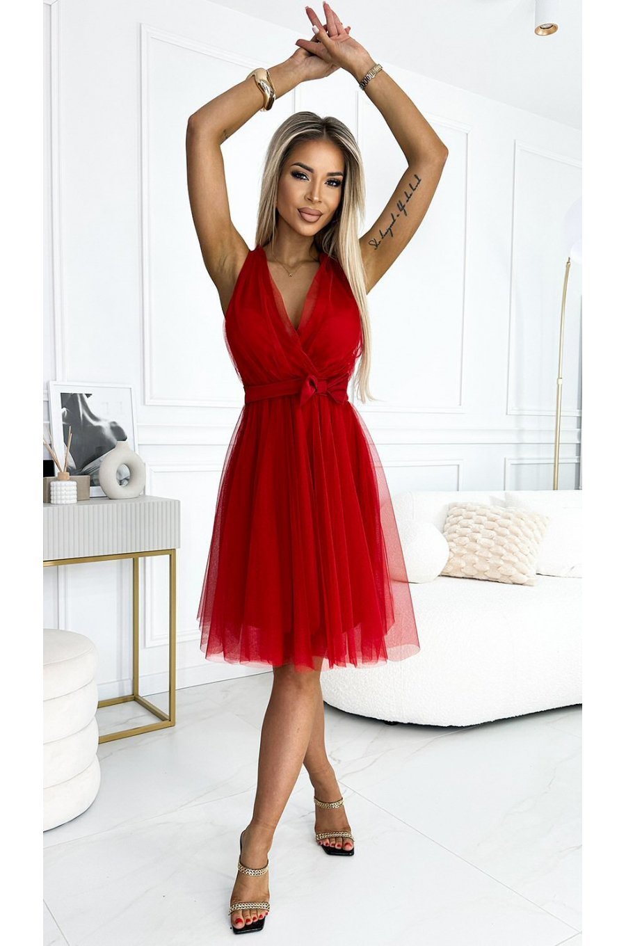 Rochie babydoll scurta, din tulle, rosie, petrecuta, Ramya Rochie babydoll scurta, din tulle, rosie, petrecuta, Ramya 3 - jojofashion.ro