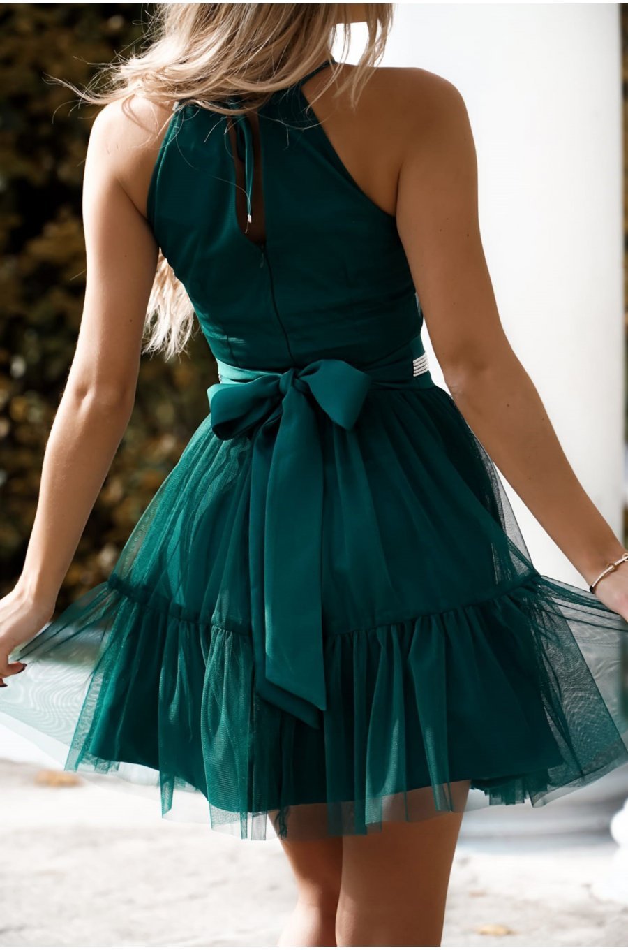 Rochie baby doll, scurta, din tulle, verde smarald, cu volane, vaporoasa, CristalW3 2 - jojofashion.ro