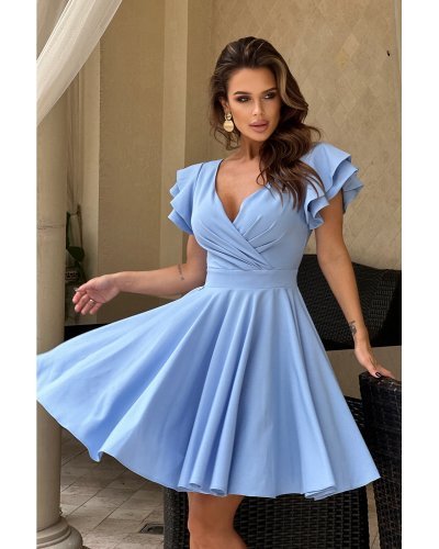 Rochie baby doll scurta din vascoza baby blue cu volane la maneca Everly Rochii de vara, Rochie baby doll scurta din vascoza baby blue cu volane la maneca Everly - jojofashion.ro