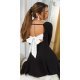 Rochie baby doll scurta, neagra cu funda alba, cu maneca lunga si spate gol, Aimee 2 - jojofashion.ro