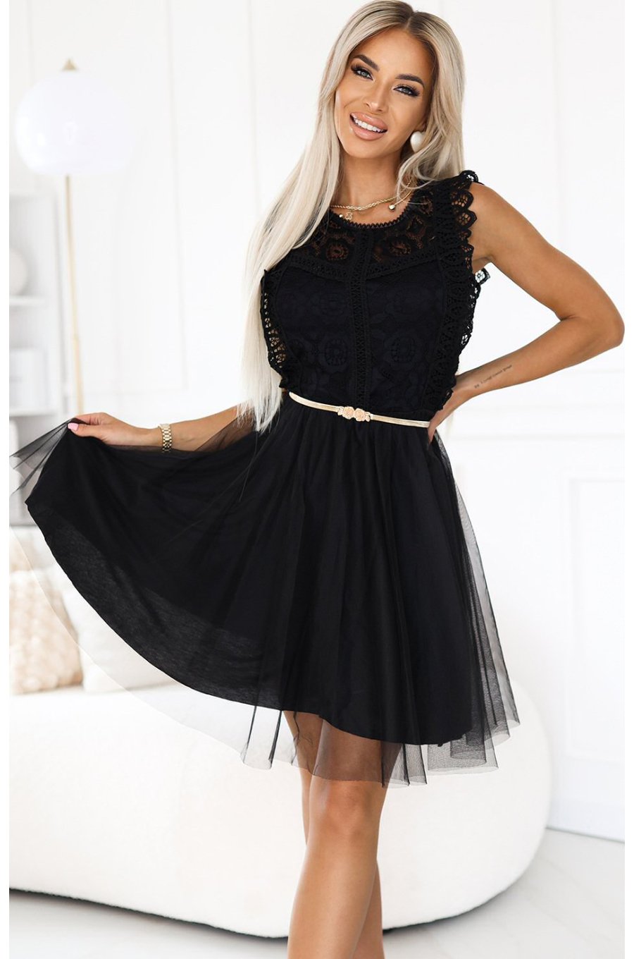 Rochie baby doll scurta neagra din dantela si tulle Delcia 1 - jojofashion.ro