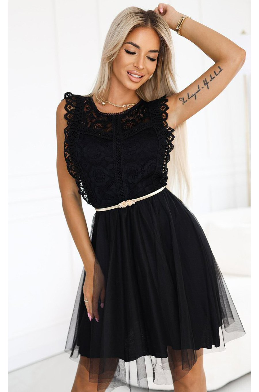 Rochie baby doll scurta neagra din dantela si tulle Delcia 5 - jojofashion.ro