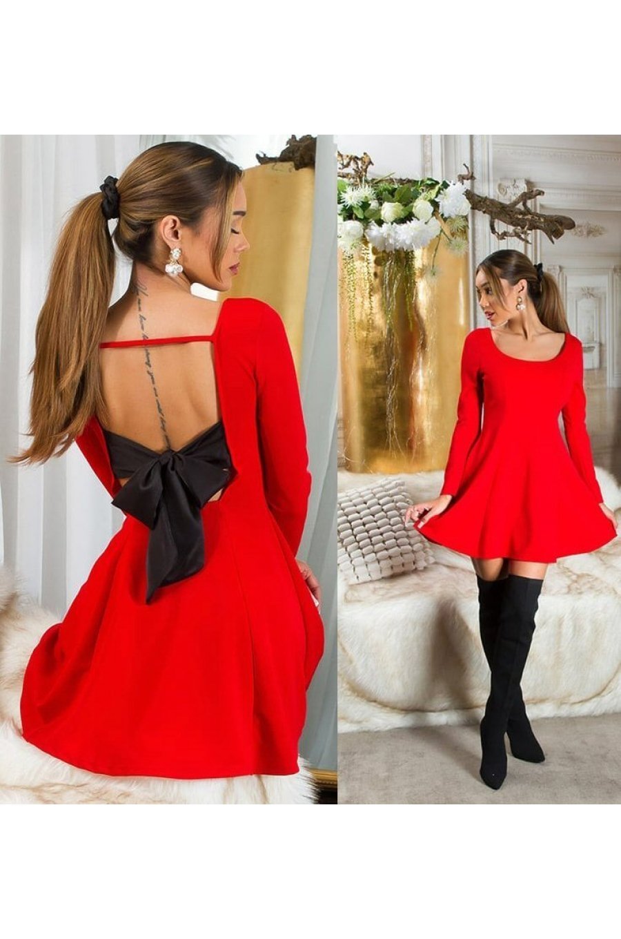  Rochie baby doll scurta rosie cu maneca lunga si spate gol Aimee  6 - jojofashion.ro