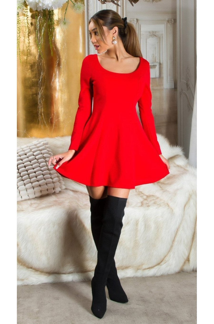  Rochie baby doll scurta rosie cu maneca lunga si spate gol Aimee  2 - jojofashion.ro
