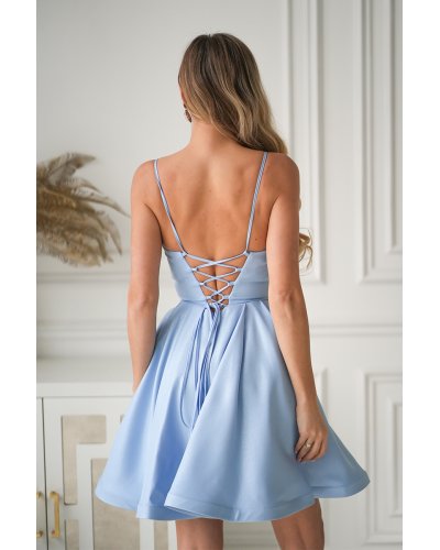 Rochii banchet, Rochie babydoll scurta baby blue cu bust tip corset Rosalynn - jojofashion.ro