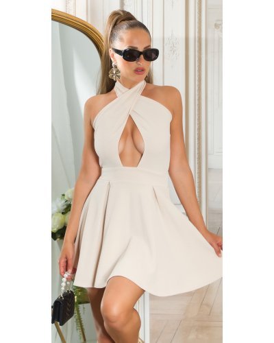 Rochie babydoll scurta bej cu umerii goi Durra - jojofashion.ro