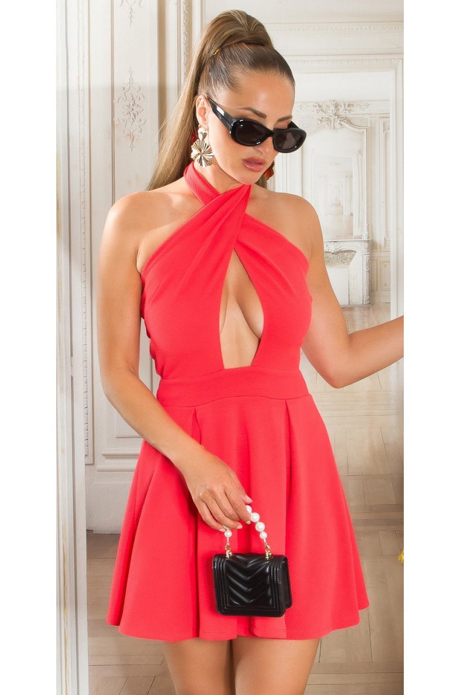 Rochie babydoll scurta corai cu umerii goi Durra Rochie babydoll scurta corai cu umerii goi Durra 1 - jojofashion.ro