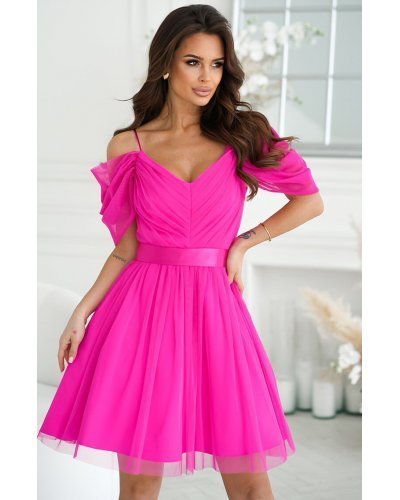 Rochie babydoll scurta roz fucsia din tulle cu umeri goi Cayenne Rochii de Ocazie Elegante, Rochie babydoll scurta roz fucsia din tulle cu umeri goi Cayenne - jojofashion.ro