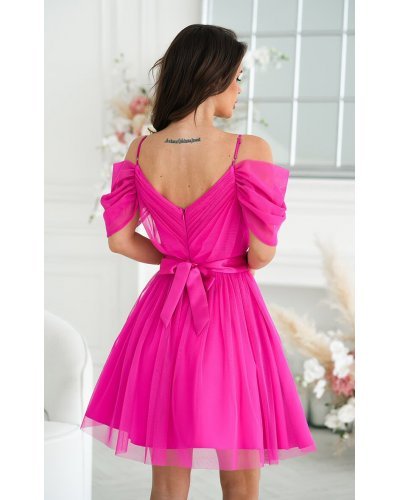 Rochie babydoll scurta roz fucsia din tulle cu umeri goi Cayenne Rochii de Ocazie Elegante, Rochie babydoll scurta roz fucsia din tulle cu umeri goi Cayenne - jojofashion.ro
