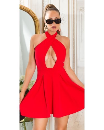 Rochie babydoll scurta rosie cu umerii goi Durra - jojofashion.ro