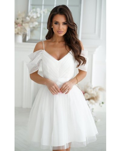 Rochie cununie civila scurta, din tulle, alba, cu umeri goi, Cayenne Rochii albe, Rochie cununie civila scurta, din tulle, alba, cu umeri goi, Cayenne - jojofashion.ro