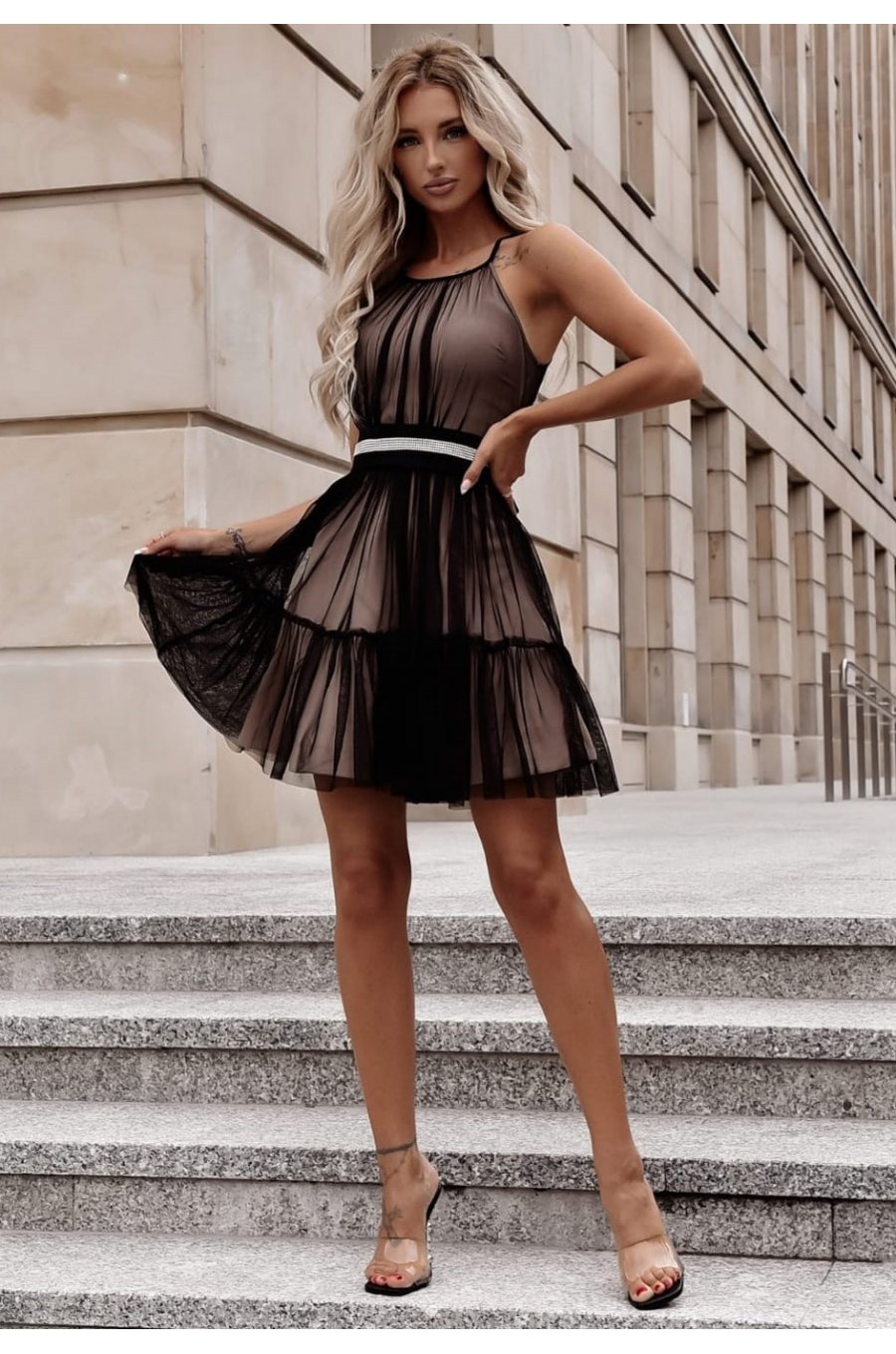 Rochie eleganta baby doll, scurta, din tul, neagra, cu volane, vaporoasa, CristalW1 3 - jojofashion.ro