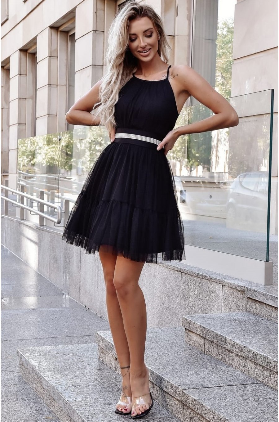 Rochie eleganta baby doll, scurta, din tul, neagra, cu volane, vaporoasa, CristalW5 1 - jojofashion.ro