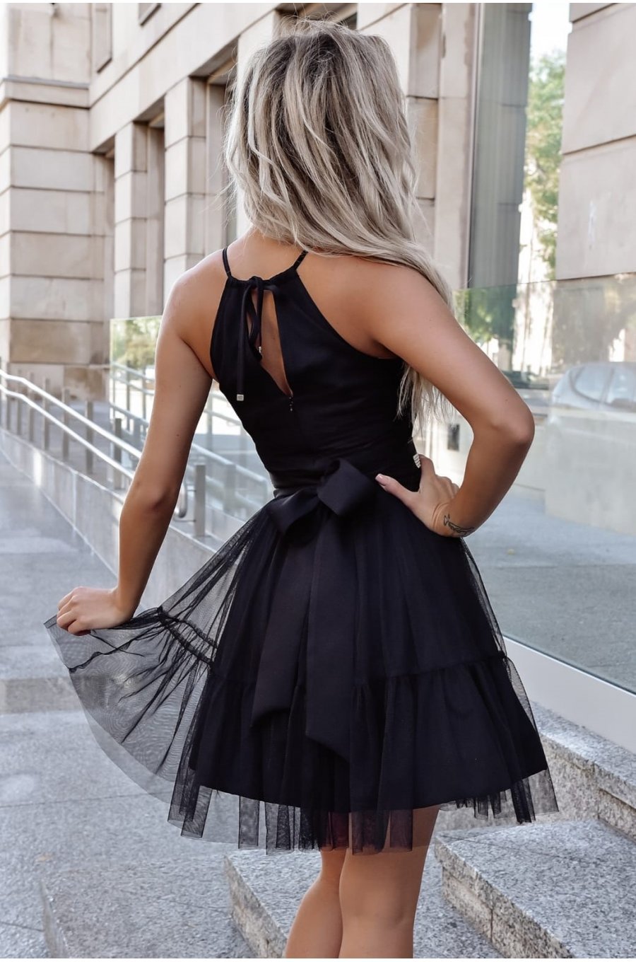 Rochie eleganta baby doll, scurta, din tul, neagra, cu volane, vaporoasa, CristalW5 2 - jojofashion.ro