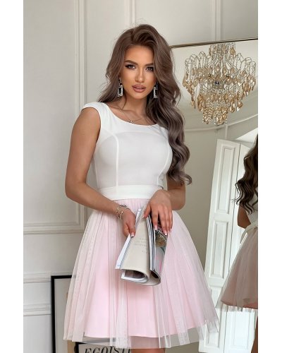 Rochie scurta eleganta baby doll din tul roz pal Caterine Rochii cununie civila, Rochie scurta eleganta baby doll din tul roz pal Caterine - jojofashion.ro