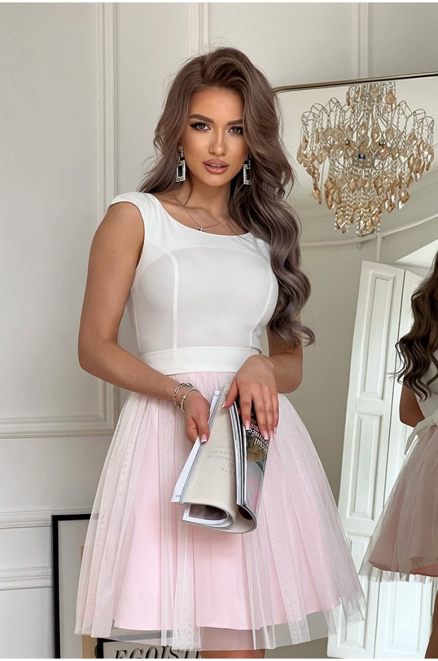 Rochie scurta eleganta baby doll din tul roz pal Caterine 1 - jojofashion.ro