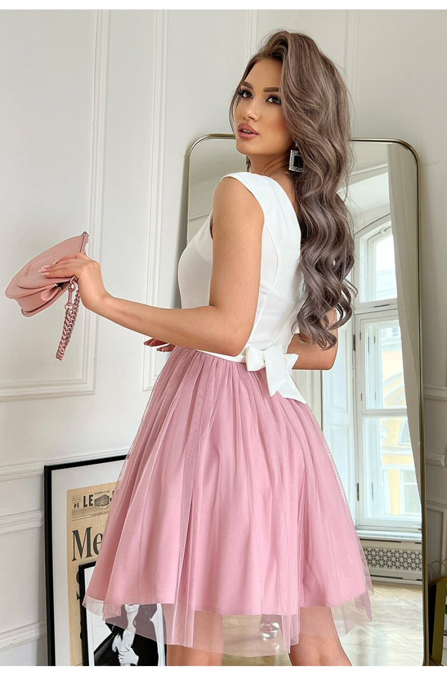Rochie scurta eleganta baby doll din tul roz prafuit Caterine 2 - jojofashion.ro