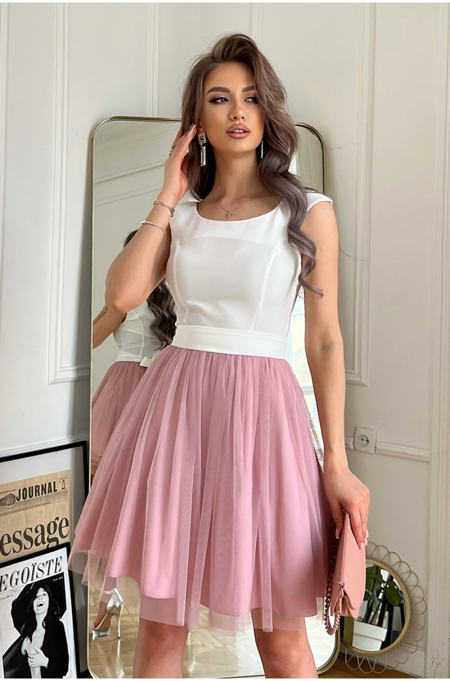 Rochie scurta eleganta baby doll din tul roz prafuit Caterine 3 - jojofashion.ro