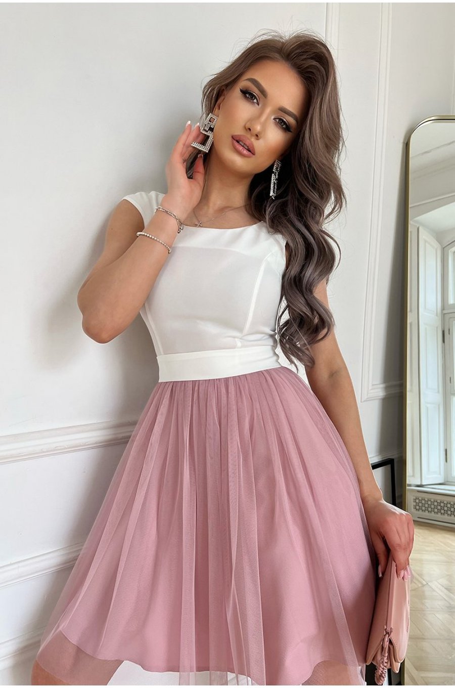 Rochie scurta eleganta baby doll din tul roz prafuit Caterine 4 - jojofashion.ro