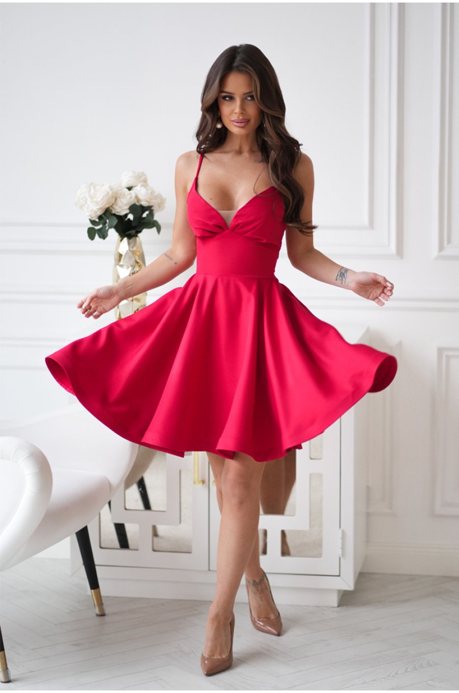 Rochie rosie baby doll scurta din brocard cu bust tip corset Rosalynn 1 - jojofashion.ro