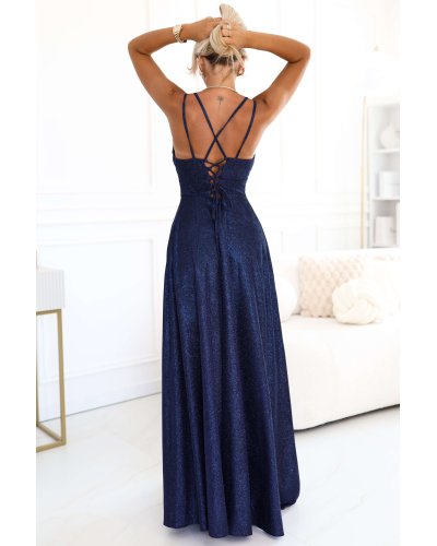 Rochii banchet, Rochie banchet lunga glitter bleumarin navy cu bust tip corset Precious - jojofashion.ro