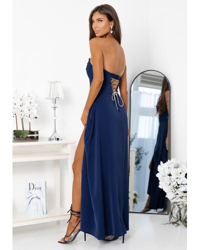 Rochii cu umerii goi, Rochie de banchet lunga bleumarin navy cu corset si umeri goi VenussW - jojofashion.ro