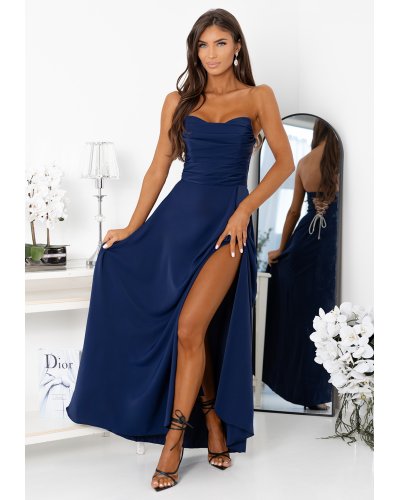 Rochii cu umerii goi, Rochie de banchet lunga bleumarin navy cu corset si umeri goi VenussW - jojofashion.ro