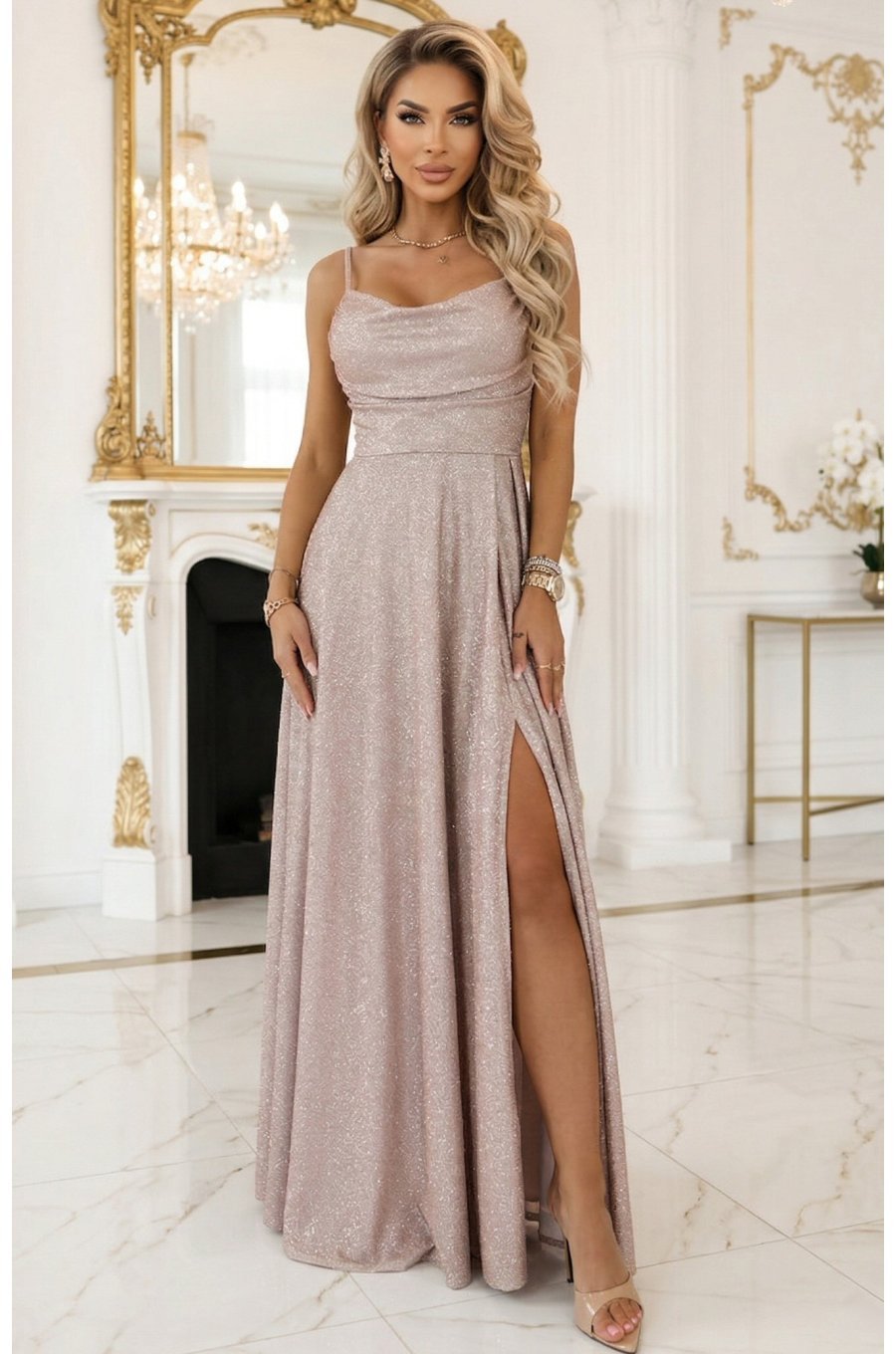 Rochie de banchet lunga brocart sampanie cu bust tip corset Precious 4 - jojofashion.ro