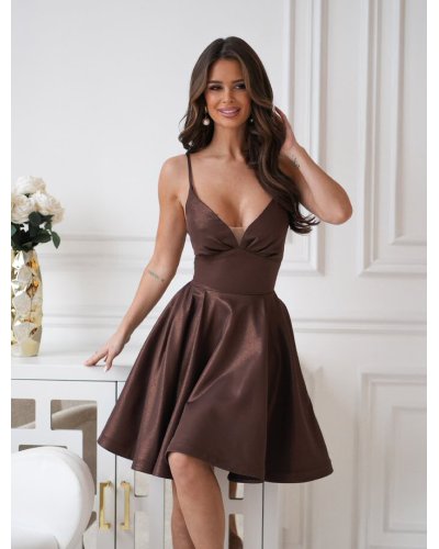 Rochii scurte, Rochie de banchet scurta babydoll brocard maro ciocolata cu bust corset Rosalynn - jojofashion.ro