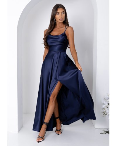 Rochii vaporoase, Rochie de ocazie lunga din satin bleumarin navy cu bust tip corset ValeriaW3 - jojofashion.ro