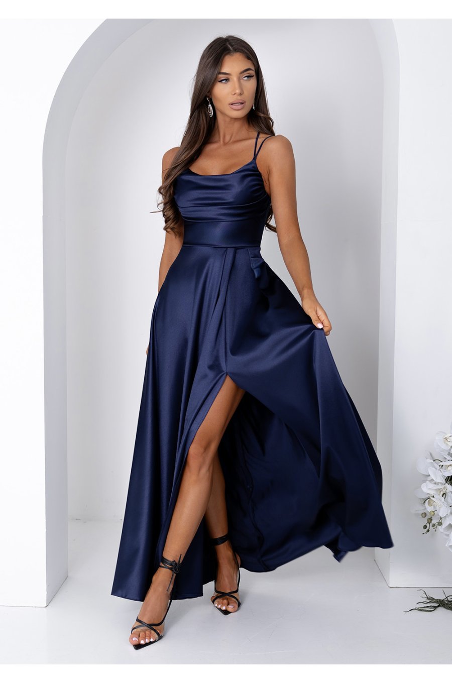 Rochie de ocazie lunga din satin bleumarin navy cu bust tip corset ValeriaW3 1 - jojofashion.ro