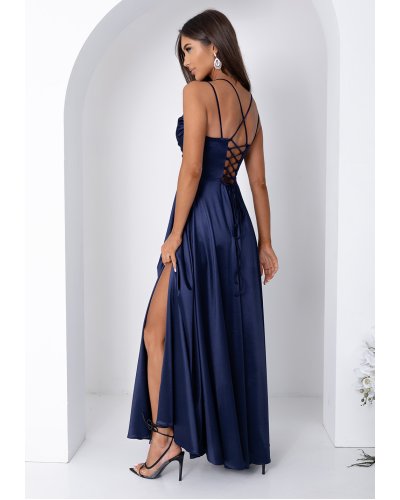 Rochii vaporoase, Rochie de ocazie lunga din satin bleumarin navy cu bust tip corset ValeriaW3 - jojofashion.ro