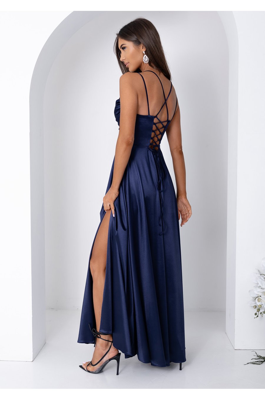 Rochie de ocazie lunga din satin bleumarin navy cu bust tip corset ValeriaW3 2 - jojofashion.ro