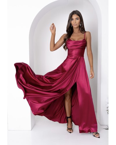 Rochii vaporoase, Rochie eleganta lunga din satin burgundy bust tip corset ValeriaW3 - jojofashion.ro