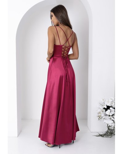 Rochii vaporoase, Rochie eleganta lunga din satin burgundy bust tip corset ValeriaW3 - jojofashion.ro