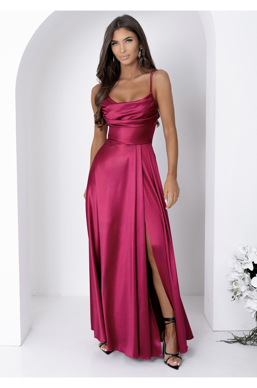 Rochie eleganta lunga din satin burgundy bust tip corset ValeriaW3 3 - jojofashion.ro