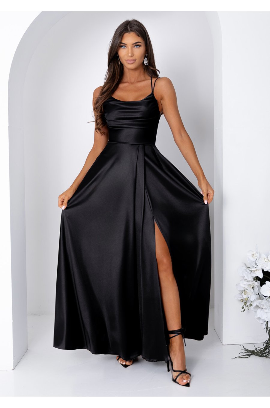 Rochie eleganta lunga din satin neagra bust tip corset ValeriaW3 1 - jojofashion.ro