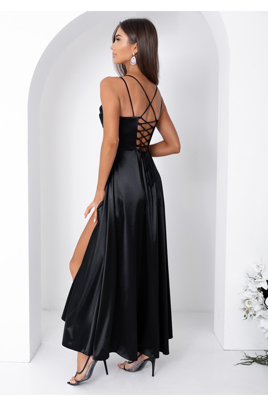 Rochie eleganta lunga din satin neagra bust tip corset ValeriaW3 2 - jojofashion.ro