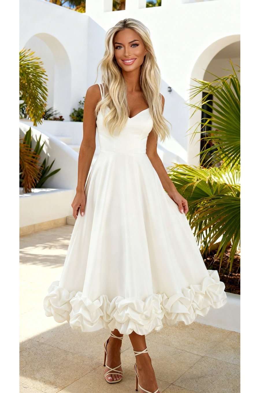 Rochie de cununie civila midi alba in clos cu volan tridimensional Jasmina 6 - jojofashion.ro